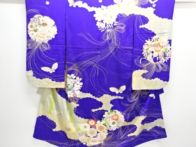 JAPANESE KIMONO / ANTIQUE KIMONO / SILK / EMBROIDERY / KINSHA / FLORAL KUSUDAMA & BUTTERFLY